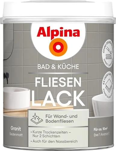 Alpina Bad & Küche Fliesen-Lack Granit – Seidenmatter Fliesenlack für moderne Akzente - Küchen- & Badezimmerfarben, feuchtraumgeeignet und gebrauchsfertig für eine unkomplizierte Renovierung ohne Schleifen – ideal für Badezimmer, Küche & WC.