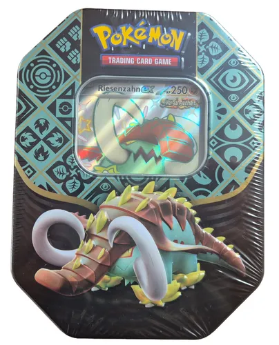 Pokémon Sammelkartenspiel Tin-Box Karmesin Purpur Paldeas Schicksale - exklusive Riesenzahn-ex holografische Promokarte, 4 Boosterpacks und praktische Aufbewahrungslösung