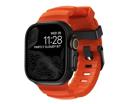 Nomad Smartwatch-Armband Rocky Point Band - 42/44/45/49mm mit Magma Connector - Hochwertiges Smartwatch-Armband aus robustem Fluorkautschuk für die Apple Watch Ultra. Wasserfest, flexibel und mit stilvollem Titan-Connector für optimalen Tragekomfort.