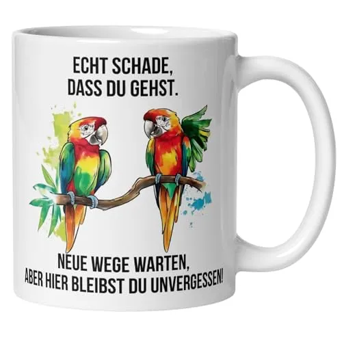 Abschied Kollegin Kollege Tasse | Papageien & Spruch – Echt schade dass du gehst | Lustiges Abschiedsgeschenk Jobwechsel Büro | Geschenkidee zum Abschied oder Neuanfang Arbeitsplatz