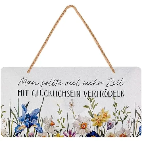 LANOLU Retro Blechschilder ZEIT MIT GLÜCKLICHSEIN- vintage Metallschilder mit Sprüchen als Wanddeko für Küche und Garten - Shabby Chic Deko inkl. Jutekordel 16x32cm