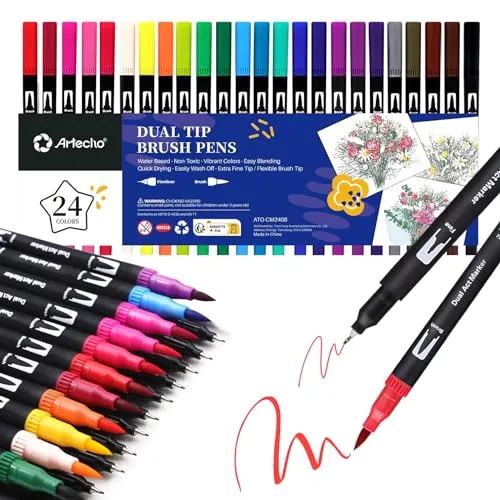 Artecho Dual Brush Pen Set 24 Farben, Filzstifte Dicke und Dünne, Pinselstifte set, Stifte für Bullet journal, Kalligraphie, Manga, Malbücher und Handlettering