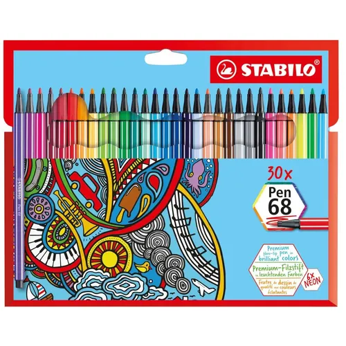 STABILO Pen 68 Premium-Filzstifte - 30er Pack in 30 lebendigen Farben, mit 24 Stunden Austrocknungsschutz und robuster 1 mm Spitze