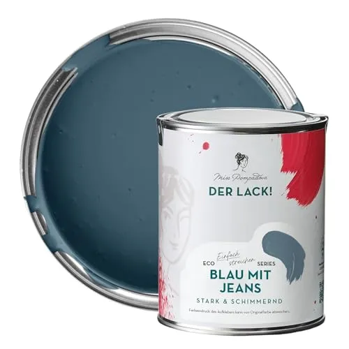 MissPompadour seidenmatte Holzfarbe Innen & Außen 1L Blau mit Jeans, Möbelfarbe ohne Schleifen - Farbe für Holz, Metall, Kunststoff - Holzlack, Möbellack schnelltrocknend mit hoher Deckkraft
