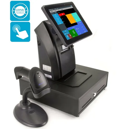 All-in-One Kasse für den Einzelhandel - Touchscreen-Kasse mit Bondrucker, Kundenanzeige, Geldlade und Scanner – ideal für effiziente Verkaufsabwicklung im Einzelhandel.