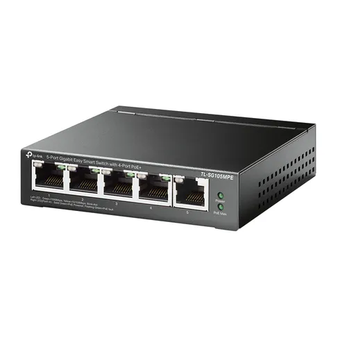 TP-Link TL-SG105MPE 5-Port Managed PoE Switch - Netzwerk-Switch mit 4 PoE+ Ports (120 Watt), lüfterlos für leisen Betrieb und ideal für IP-Kameras, Telefone und Access Points.