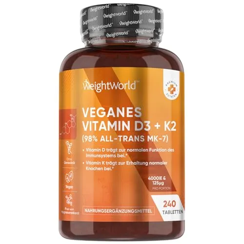 Vitamin D3 + K2 Vegan - 4000 I.E. pro Portion - Vitamin D Präparate mit 4000 I.E. Vitamin D3 und 125μg K2 pro Tablette, vegan und ohne Magnesiumstearat, ideal für starke Knochen und das Immunsystem.