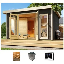 KONIFERA Saunahaus Maiko 3 SET A - Sauna für 3 Personen, mit 9 kW Ofen und externem Steuerungssystem, ideal für entspannende Stunden im Garten. Selbstmontage mit Anleitung, 10 Jahre Garantie.