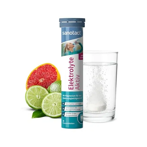 sanotact Elektrolyte Aktiv - 20 Brausetabletten - Sportnahrung Elektrolyt-Ersatz-Getränke mit wichtigen Elektrolyten wie Magnesium, Natrium und Kalium. Kalorienfrei, zuckerfrei und vegan – ideal für eine gesunde Ernährung!