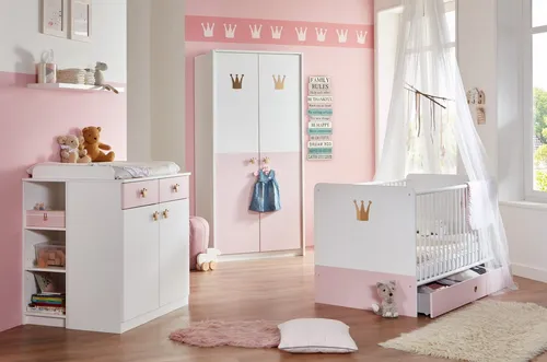 Babyzimmer-Komplettset Cindy, 7-tlg. - Made in Germany - Komplettzimmer für kleine Prinzessinnen mit Soft-Close-Funktion, vielseitig umbaubar und hochwertige Verarbeitung in Weiß und Rosé. Ideal für ein gemütliches Kinderzimmer.