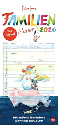 Helme Heine: Familienplaner 2026: Familienkalender mit 5 Spalten. Liebevoll illustrierter Familien-Wandkalender mit Schulferien und Stundenplänen. (Familienplaner Heye)