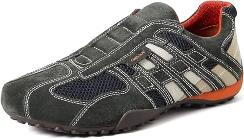 Slip-On Sneaker GEOX "UOMO SNAKE", Herren, Gr. 42, grau (dunkelgrau, beige), Veloursleder, Textil, sportlich, Schuhe, Slipper, Freizeitschuh mit Ziernähten und mit Geox Spezial Membrane