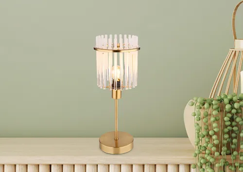 Ausgefallene LED Retro Nachttischlampe mit Glas-Lampenschirm - Stilvolle LED Tischleuchte mit goldenem Metall und transparenten Echtglas-Stäben. 3-stufig dimmbar, ideal für gemütliche Abende. Perfekte Ergänzung für jeden Wohnraum.