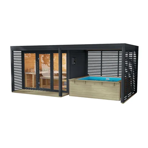 CHILLROI Saunahaus Angelus XL mit Anbaudach und Minipool - Massive Außensauna aus nordischer Fichte mit 38 mm Wandstärke, ideal für entspannende Wellnessmomente im Freien. Nutzen Sie das Anbaudach als Lounge-Bereich oder für Ihren Minipool.
