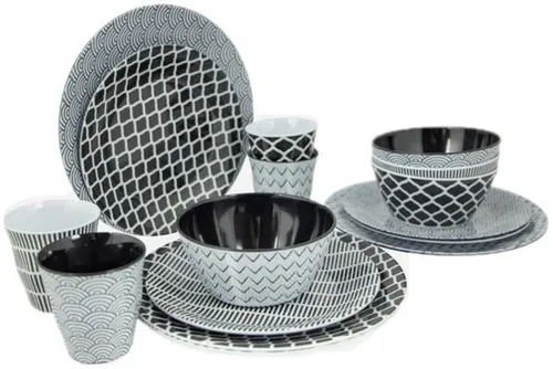 Bo-Camp Mix & Match Geschirrset, 16-teilig, schwarz/weiß - Campinggeschirr-Set für 4 Personen, bruchfest und leicht, ideal für unterwegs und im Freien.