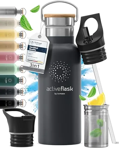 Trinkflasche Edelstahl mit Strohhalm, Infuser + 3 Deckel: BPA-frei, Auslaufsicher, Kohlensäure geeignet - Wasserflasche Fahrrad Thermosflasche Isoliert Isolierflasche Sport Wasser Flasche Kinder Tee