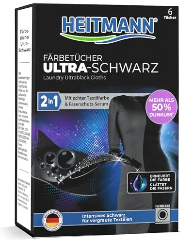 HEITMANN 2in1 Färbetücher Ultra-Schwarz - Frische dein Schwarz auf! Die HEITMANN 2in1 Färbetücher bringen Farbe und Pflege in einem Schritt. Ideal für Kleidung und Textilien – für langanhaltende Brillanz ohne Flecken.
