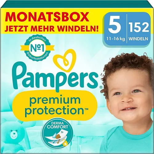 Pampers Premium Protection Größe 5 - 152 Windeln - Windeln für Babys von 11kg-16kg mit doppeltem Schutz: Sofortiges Absorbieren schützt die Haut und Stop und Schutz Täschchen verhindert Auslaufen. Dermatologisch getestet für sensible Babyhaut.