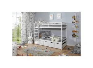 TiCAA Etagenbett Finn Weiß mit 5er Schubkästen - Betten aus massiver Kiefer, hochwertige Verarbeitung und flexible Montage der Leiter, ideal für platzsparendes Wohnen mit 5 praktischen Schubkästen.