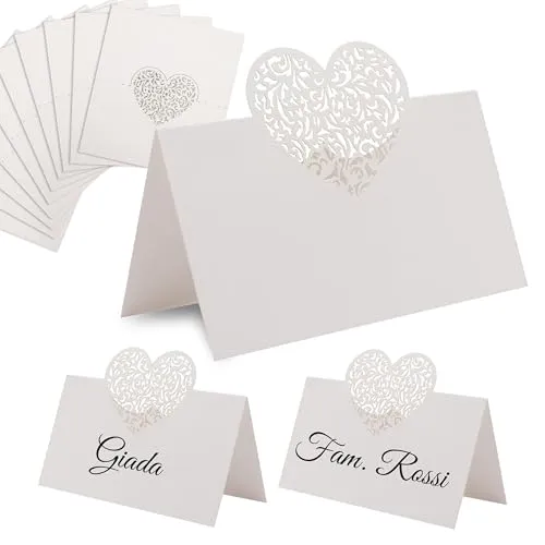 Decoraparty 10 Tischkarten mit geschnitztem Herz in Perlweiß - Tischkarte Dekoration elegant aus Papier für Tisch Hochzeit Gastgeschenk Hochzeit Jahrestag Hochzeit ~ 9 x 6,5 cm