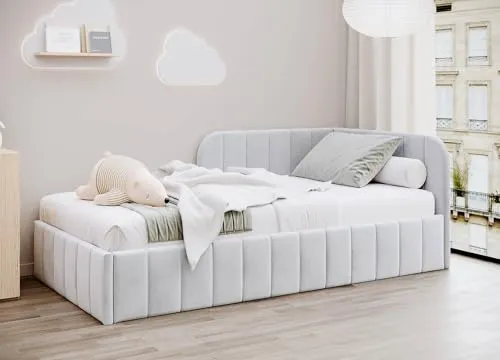 Bett Mario 100x200 cm, Polsterbett mit Stauraum, Grau - Modernes Polsterbett mit elegantem Design und praktischem Stauraum. Der stabile Metallrahmen und die pflegeleichten Materialien sorgen für Langlebigkeit und einfache Handhabung.