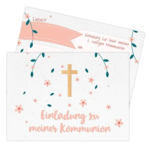 Papierdrachen 12 Einladungskarten zur Kommunion - Motiv Blumen Kreuz - Einladung zur Heiligen Kommunion für Mädchen und Jungen - DIN A6 - Set 3