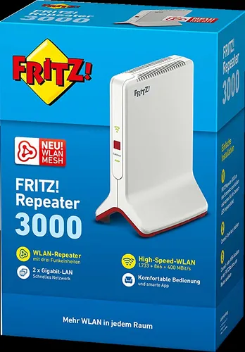 AVM Fritz! Repeater 3000 - WLAN Reichweite erweitern - Repeater, maximiert Ihre WLAN-Reichweite mit bis zu 1733 Mbps, ideal für große Wohnungen und Home Offices. Zwei LAN-Anschlüsse für stabile Verbindungen.