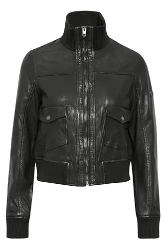 OXMO OXDenny Damen Lederjacke Jacke mit Stehkragen Klapptaschen Rippbündchen Label-Details 100% Leder Slim fit, Größe:42, Farbe:Black (194007)