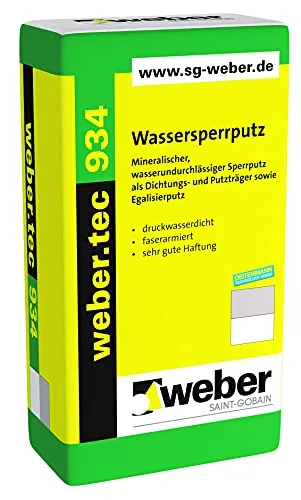 SG weber.tec 934 - Wassersperrputz, 25kg - Druckwasserdichter Putz, ideal als Dichtungs- und Putzträger für Sockelbereiche und egalisierte Flächen, faserarmiert für hohe Stabilität.
