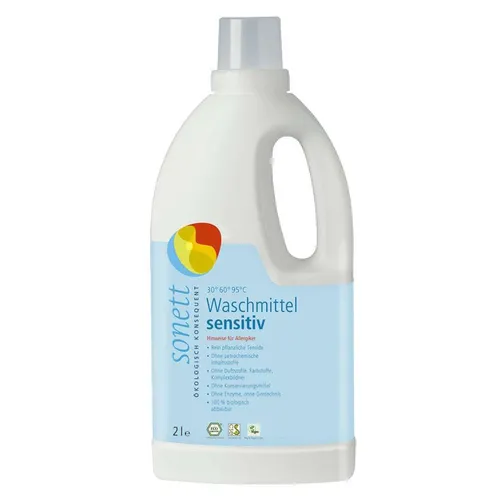 Sonett Waschmittel Sensitiv DE5015, flüssig, 2 Liter, 27 Waschladungen - Ökologisches Universalwaschmittel für Bunt- und Weiße Wäsche, hypoallergen und frei von Duftstoffen. Rein pflanzliche Inhaltsstoffe sorgen für schonende Pflege der Fasern und entfernen hartnäckige Flecken effektiv.