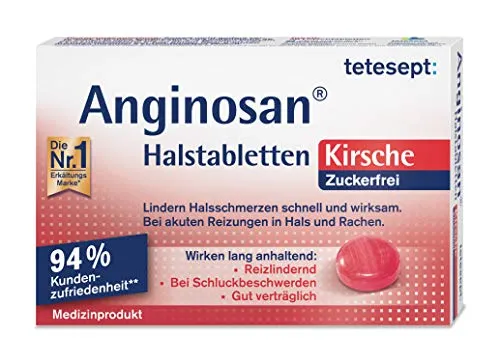 Tetesept Anginosan Halstabletten zuckerfrei Kirsch - Arzneimittel zur Linderung von Halsschmerzen, mit dem Wirkstoff Polyhexanid gegen bakterielle Erreger, zuckerfrei und mit leckerem Kirschgeschmack.