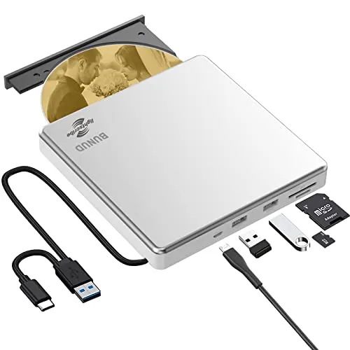 BUNUD Lightscribe CD/DVD Laufwerk für Mac - Externer DVD Brenner mit USB 3.0 - Externe CD- & DVD-Laufwerke mit LightScribe-Funktion für individuelle Etiketten und 5 in 1 Design mit SD/TF-Kartensteckplatz und 2 USB-Anschlüssen. Ideal für Mac und Windows 11/10.