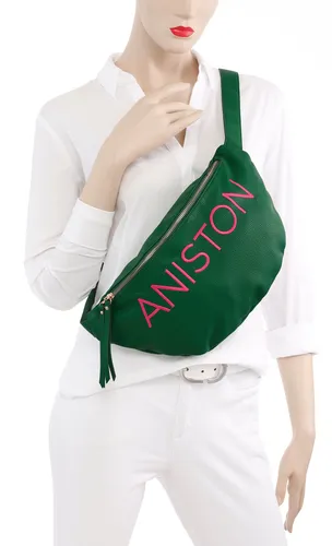 Umhängetasche ANISTON BY BAUR, Damen, Gr. B/H/T: 43cm x 20cm x 9cm, grün (grün, pink), Polyester, geprägtes Muster, bestickt, Taschen Gürteltasche, mit gesticktem Schriftzug
