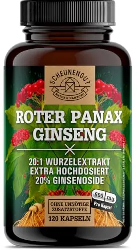 Scheunengut Ginseng Kapseln 1800mg - 20:1 Roter Panax Extrakt - Pflanzliches Ergänzungsmittel Ginseng mit maximaler Bioverfügbarkeit und 20% Ginsenoside. Ernte nach 6 Jahren für höchste Wirkstoffkonzentration - 100% ohne Zusatzstoffe.