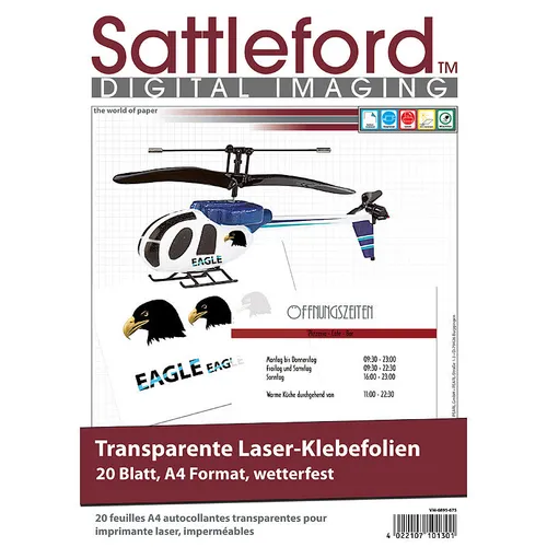 Sattleford Drucker Folie: 20 Klebefolien A4 für Laserdrucker transparent
