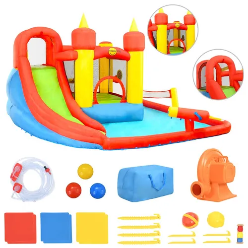 Happy Hop Aufblasbare Hüpfburg mit Rutsche und Planschbecken 410×385×220cm - Swimmingpools – Spaß für Kinder mit Hüpfburg, Rutsche und großem Planschbecken. Sicheres Spielen für bis zu 5 Kinder mit einfacher Montage dank Luftpumpe!
