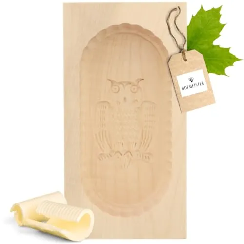 HOFMEISTER® Butterform, für 250 g Butter, 19 cm, Eule, handgeschnitzt in Deutschland, Butter-Form zum Dekorieren, eckige Sturz-Form, Butter-Model aus heimischem Ahorn-Holz