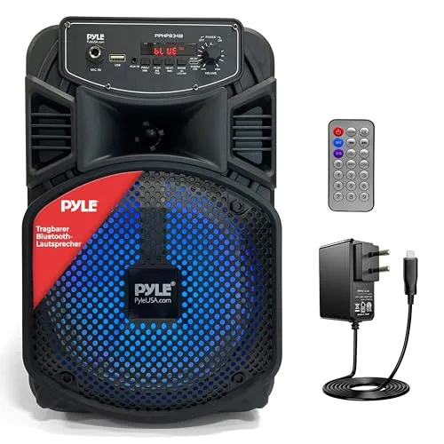 Pyle PA Bluetooth Lautsprecher, Karaoke Maschine, Musikbox Bluetooth Box mit Fernbedienung, Partybox, Rechargeable, 8” Subwoofer, 1” Tweeter, Partybeleuchtung, MP3/USB, Radio, 300W