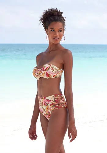 s.Oliver Highwaist-Bikini-Hose "Bauhinia" - Damen Bademode in Gr. 34, beige mit floralem Alloverprint. Komfortable High-waist-Form aus recyceltem Polyamid, ideal für umweltbewusste Fashionistas.
