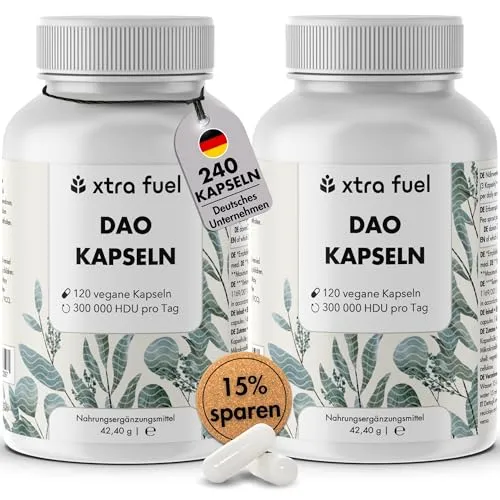 DAO DiAminOxidase 300.000 HDU Kapseln von XTRA FUEL - Nahrungsergänzungsmittel für eine optimale Histaminverträglichkeit, rezeptfrei und in praktischen 240 Kapseln.