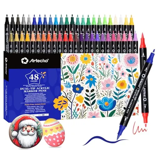 Artecho Acrylstifte 48 Farben – Wasserfester Dual Tip Marker - Marker & Filzstifte mit feiner Spitze für Details und Pinselspitze für großflächiges Malen, ideal für kreative DIY Projekte auf verschiedenen Oberflächen.
