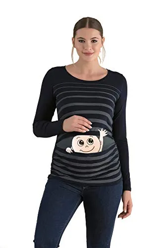 Winke Winke Baby - Lustige witzige süße Umstandsmode gestreiftes Umstandsshirt mit Motiv für die Schwangerschaft, Langarm (Schwarz, X-Large)