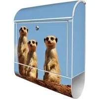 Banjado Design Briefkasten Erdmännchenfamilie - Weiß Pulverbeschichtet 39x47x14cm - Stylischer Briefkasten aus pulverbeschichtetem Stahl mit Erdmännchenmotiv. Bietet ausreichend Platz für A4 Sendungen und verfügt über eine praktische Zeitungsrolle. Inkl. Montagezubehör und 2 Schlüsseln.