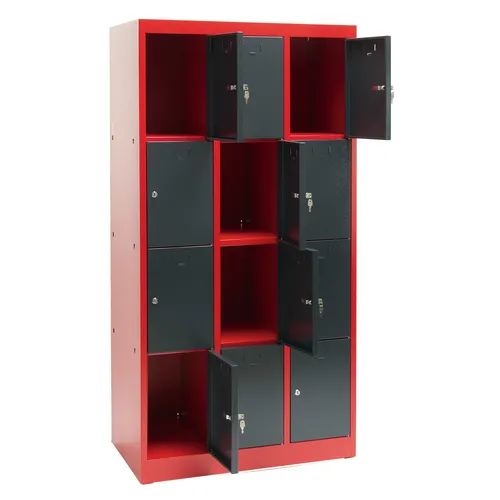 Schließfachschrank 12 Fächer rot/anthrazit - Spinde & Stahlschränke - Der DEMA Schließfachschrank bietet 12 Fächer für optimale Privatsphäre und Sicherheit, ideal für Umkleideräume und Betriebe.