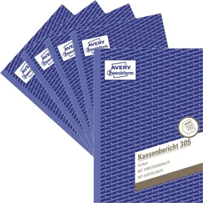 Avery Zweckform Avery® Zweckform Kassenbericht 305-5, A5 Hochformat, mit Ausfüllhilfe, ohne Durchschläge, perforiert & gelocht, Papier, weiß, 5 Bücher mit 50 Blatt 166384