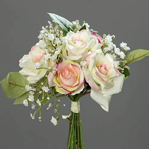 mucplants Rosen- Bouquet 25cm mit Schleierkraut rosa-Creme Kunstblumen künstlicher Strauß Rosen