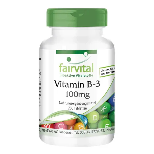 Vitamin B-3 Niacin 100mg Nicotinamid - 250 Tabl., Großpackung, VEGAN | fairvital