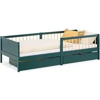 Homestyle4u Kinderbett in Grün aus Massivholz - Schickes Kinderbett 90x200 cm aus robustem Kiefernholz mit praktischem Rausfallschutz und Stauraum durch 2 Schubladen – ideal für ein modernes Kinderzimmer.