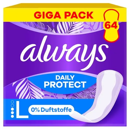 Always Daily Protect Long Slipeinlagen 64 Stück - Binden: 0 % Duftstoffe und seitlicher Auslaufschutz für extra Sicherheit, ideal für einen komfortablen Alltag.
