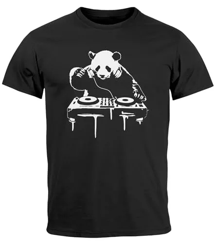 Neverless® Herren T-Shirt mit Aufdruck Panda DJ Techno Rave Festival Outfit Sommer Fashion Streetstyle schwarz M